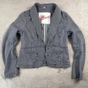 BB Dakota Hickory Stripe Denim Blazer Womens Medium Blue Fitted Peplum Jacket